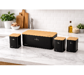 סט אחסון למטבח יוקרתי עם קופסת לחם ומיכלים – שחור מט ובמבוק